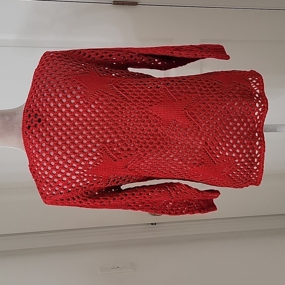 Objects D'Art, Open Knit Red Sweater, Star Detail. Size M. New without Tags - Picture 3 of 9